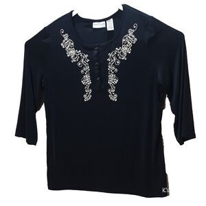 Jaclyn Smith Black Embroidered Top XL 3/4 Sleeve Stretch Blouse